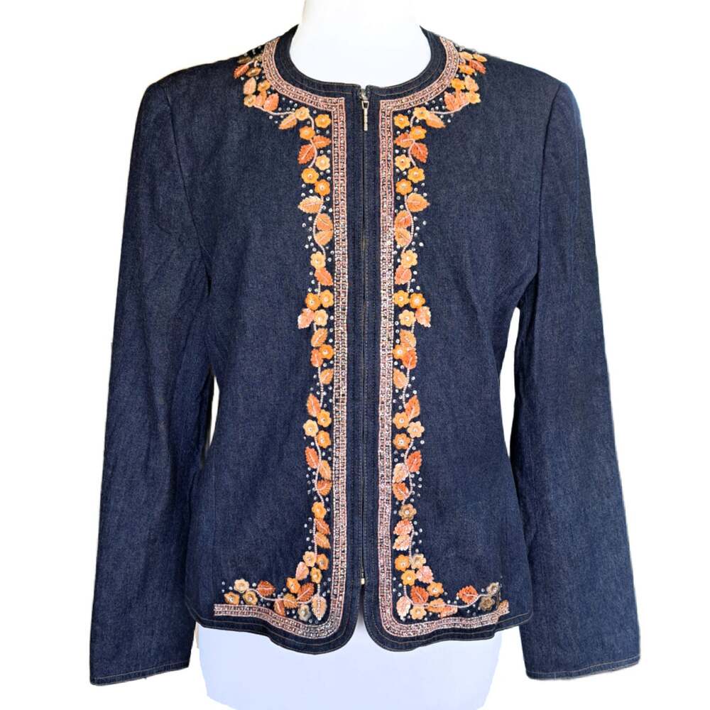 ESCADA Blue Denim Floral Embroidery Embellished Detail Zipped Jacket Large 44